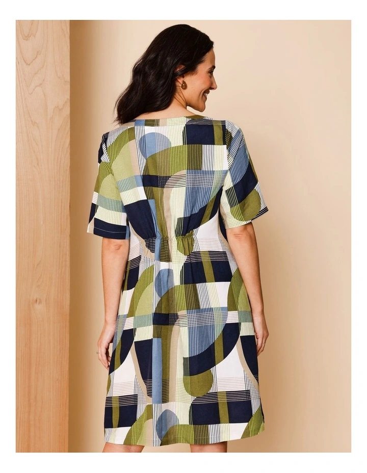 Short Sleeve Dress With Curved Waist And Pockets in Navy/ Ivory/ Avocado Geo image 5