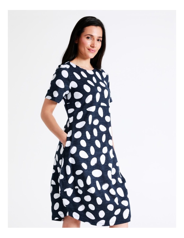 Organic Cotton Short Sleeve Knit Dress With Pockets in Indigo/White Spot