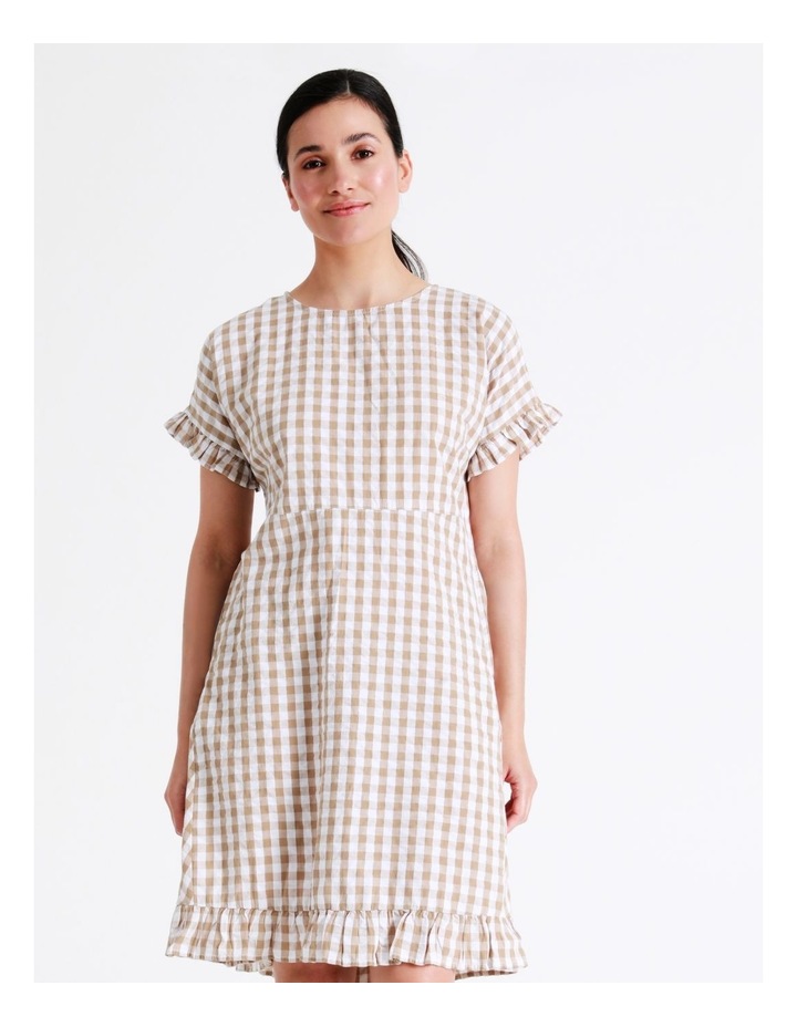 Magyar Short Sleeve Dress With Pockets And Frills in Neutral/Ivory Gingham