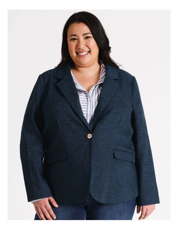 European Linen Blend Lined Button Front Blazer in Navy/Blues Crossdye image 3