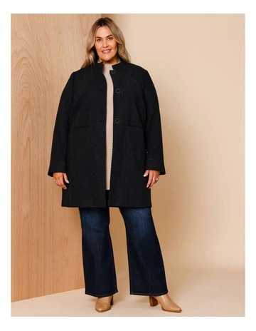 Lined Stand Collar Coat With Waist Seam Pockets In Black/Charcoal Texture
