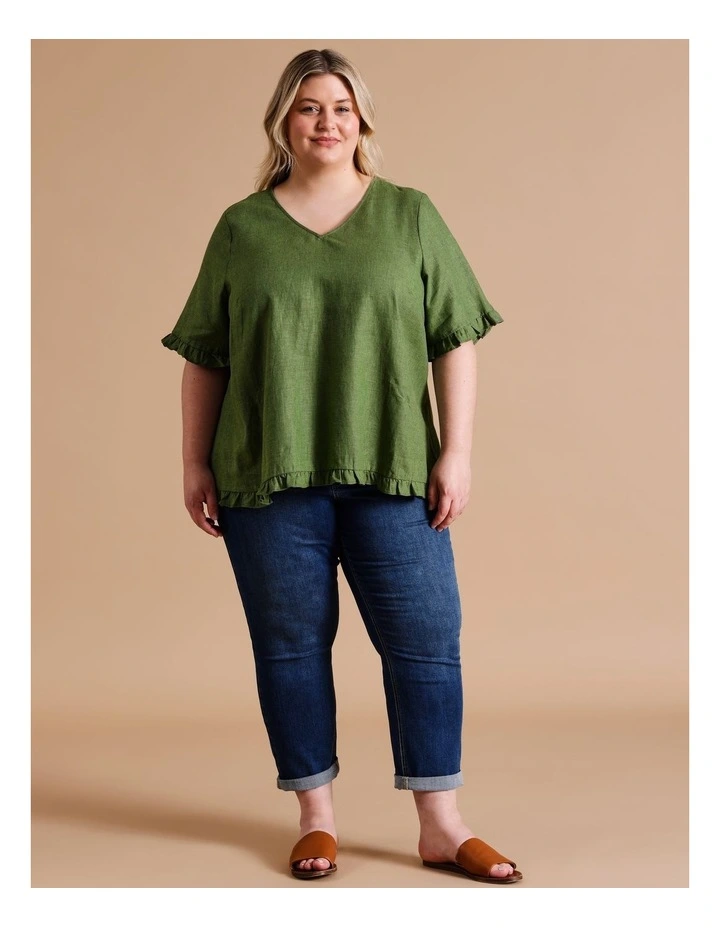 European Linen Blend Short Frill Sleeve And Hem Top In Green Crossdye image 2