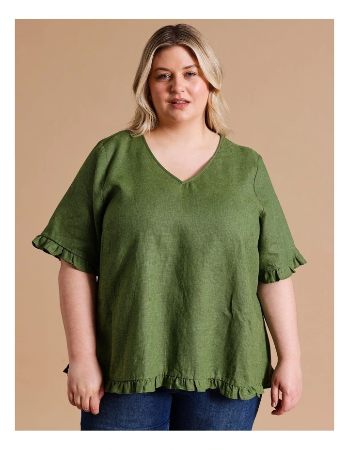 European Linen Blend Short Frill Sleeve And Hem Top In Green Crossdye image 4