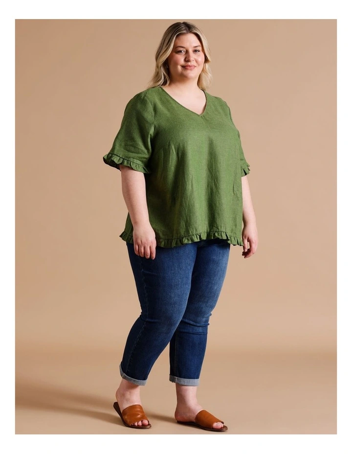 European Linen Blend Short Frill Sleeve And Hem Top In Green Crossdye image 5