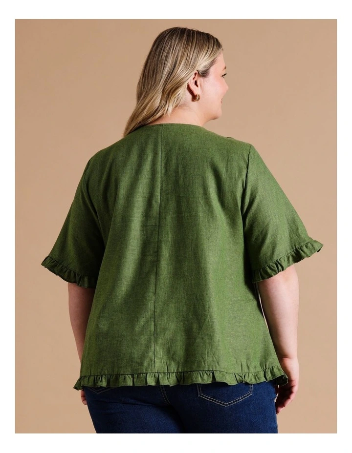 European Linen Blend Short Frill Sleeve And Hem Top In Green Crossdye image 6