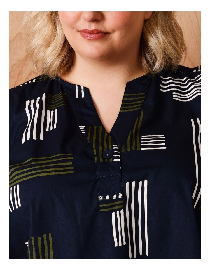3/4 Sleeve Top With Button Neck in Navy Ground White/Olive Line Abstract image 3