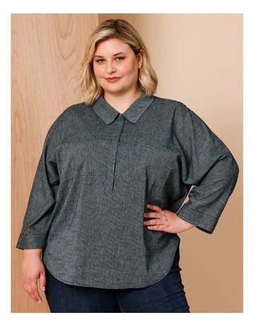 1/2 Placket 3/4 Sleeve Top With Placket in Green Fine Stripe