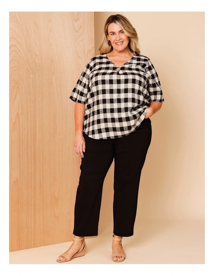 Short Sleeve V-neck Top With Button Neck in Black/Neutral Gingham image 2