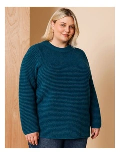 Nylon Blend Diagonal Rib Jumper With Slouch Neck In Teal