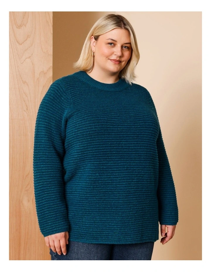 Nylon Blend Diagonal Rib Jumper With Slouch Neck In Teal image 1