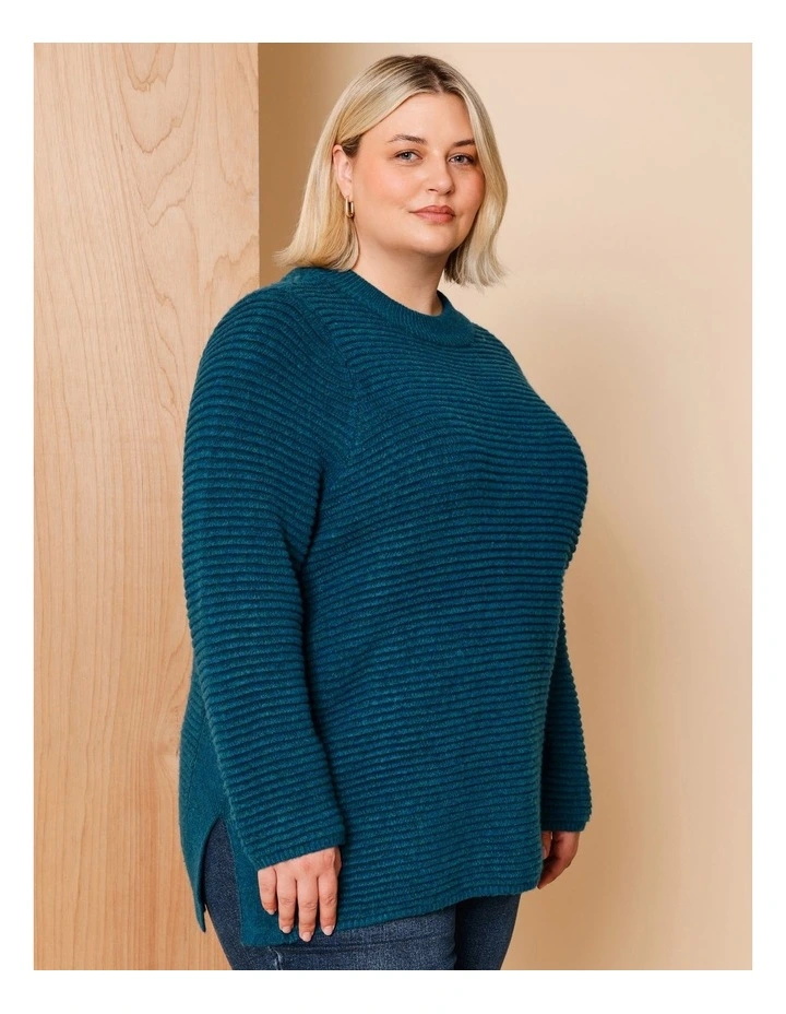 Nylon Blend Diagonal Rib Jumper With Slouch Neck In Teal image 4