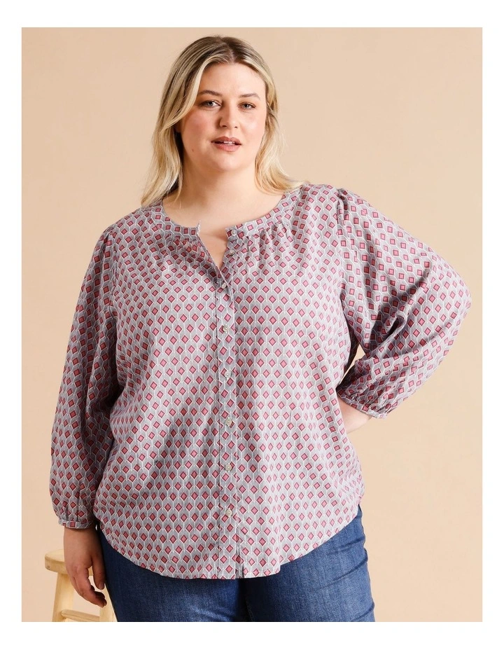 Organic Cotton Blend 3/4 Sleeve Round Neck Shirt With Gathers In Blue/Navy/Cherry Geometric image 1