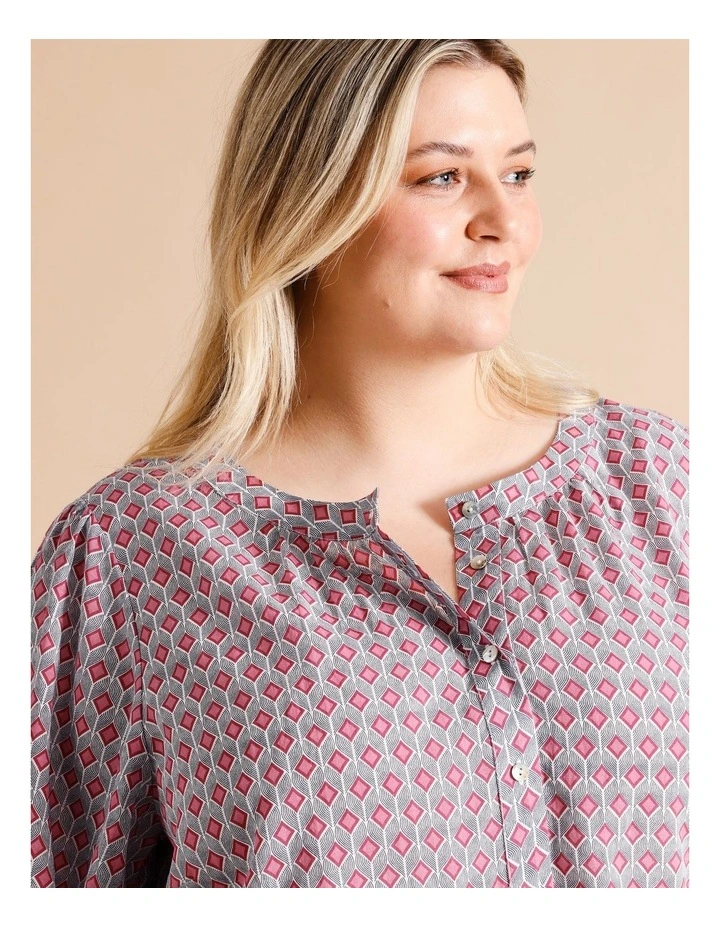 Organic Cotton Blend 3/4 Sleeve Round Neck Shirt With Gathers In Blue/Navy/Cherry Geometric image 2