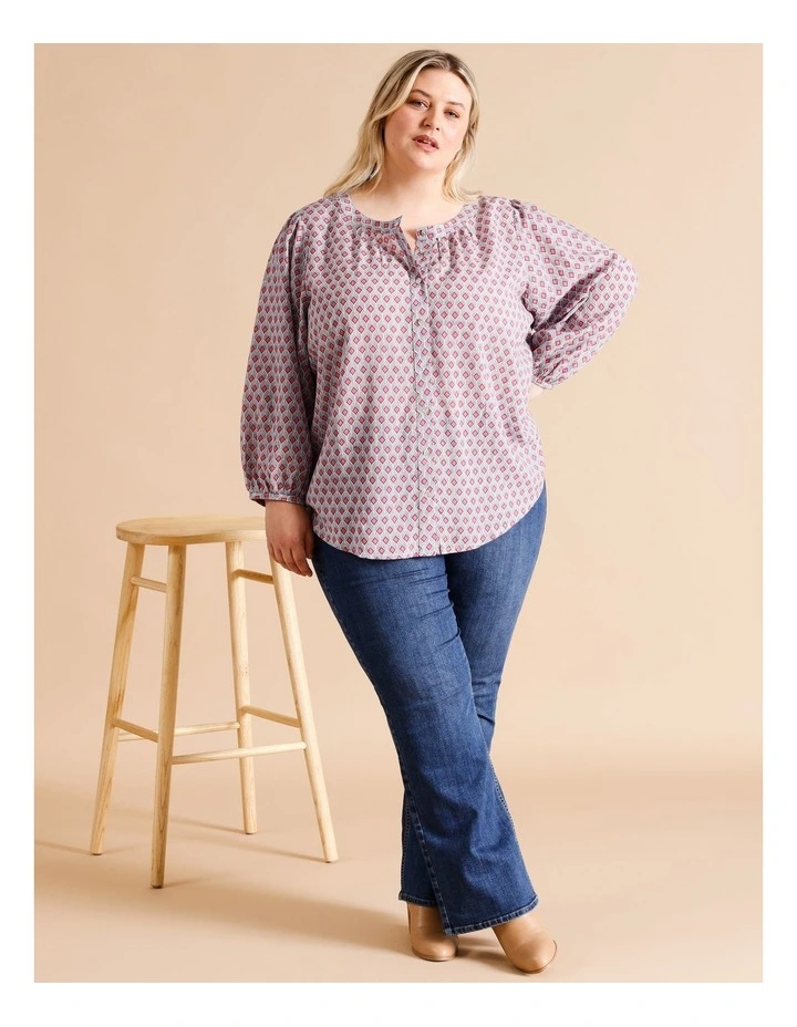 Organic Cotton Blend 3/4 Sleeve Round Neck Shirt With Gathers In Blue/Navy/Cherry Geometric image 3