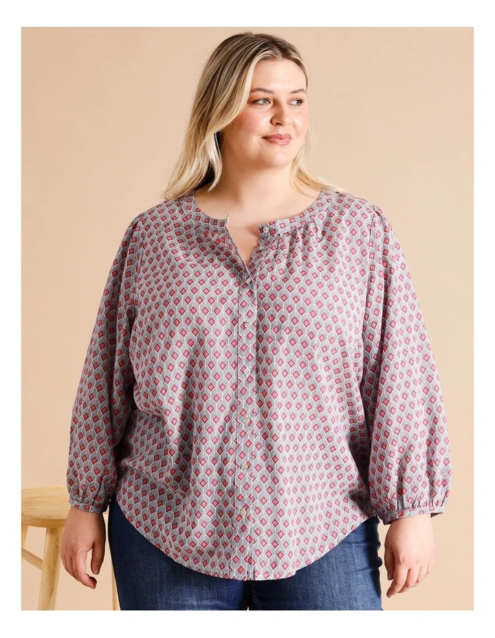 Organic Cotton Blend 3/4 Sleeve Round Neck Shirt With Gathers In Blue/Navy/Cherry Geometric image 4