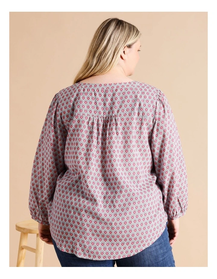 Organic Cotton Blend 3/4 Sleeve Round Neck Shirt With Gathers In Blue/Navy/Cherry Geometric image 5