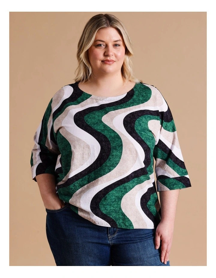 ORGANIC COTTON BLEND 3/4 MAGYAR SLEEVE WOVEN FRONT TEE WITH KNIT BACK IN FOREST/NEUTRAL/BLACK WAVE PRINT image 1