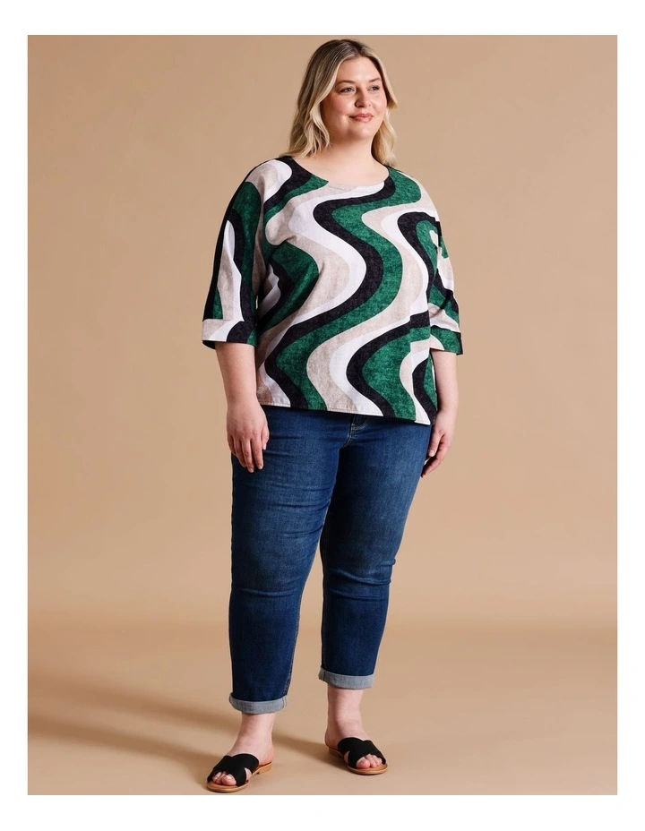 ORGANIC COTTON BLEND 3/4 MAGYAR SLEEVE WOVEN FRONT TEE WITH KNIT BACK IN FOREST/NEUTRAL/BLACK WAVE PRINT image 3