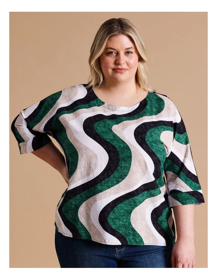 ORGANIC COTTON BLEND 3/4 MAGYAR SLEEVE WOVEN FRONT TEE WITH KNIT BACK IN FOREST/NEUTRAL/BLACK WAVE PRINT image 4
