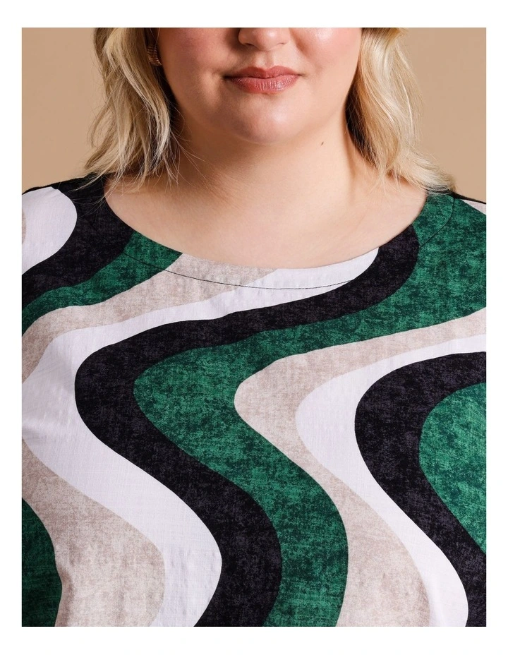 ORGANIC COTTON BLEND 3/4 MAGYAR SLEEVE WOVEN FRONT TEE WITH KNIT BACK IN FOREST/NEUTRAL/BLACK WAVE PRINT image 5
