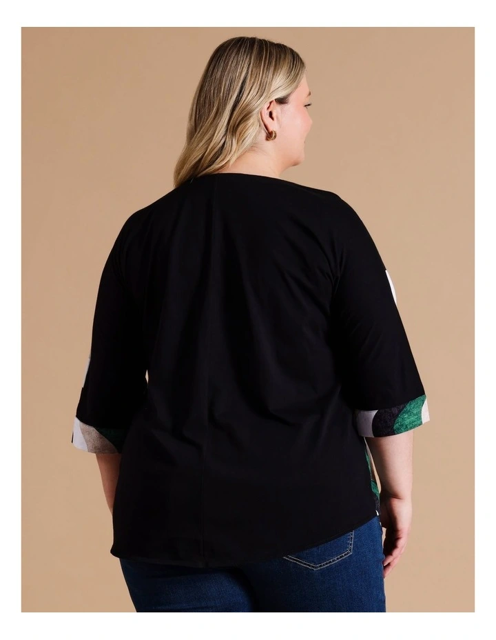 ORGANIC COTTON BLEND 3/4 MAGYAR SLEEVE WOVEN FRONT TEE WITH KNIT BACK IN FOREST/NEUTRAL/BLACK WAVE PRINT image 6