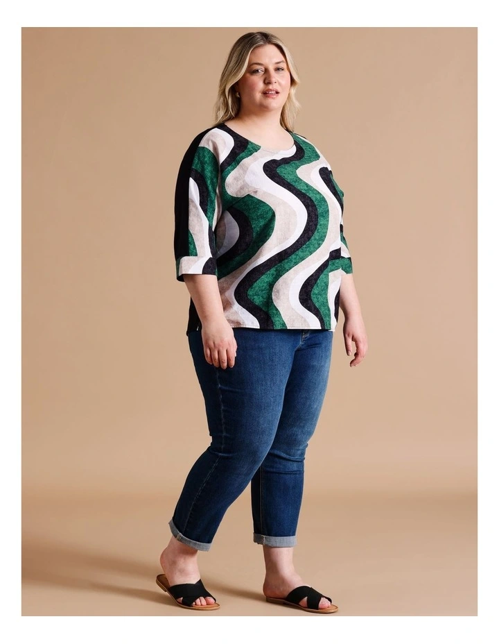 ORGANIC COTTON BLEND 3/4 MAGYAR SLEEVE WOVEN FRONT TEE WITH KNIT BACK IN FOREST/NEUTRAL/BLACK WAVE PRINT image 7
