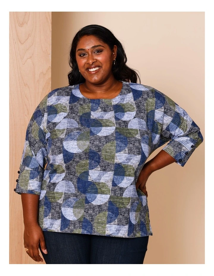 3/4 Button Sleeve Tee in Olive/Navy Textured Spot Print image 1
