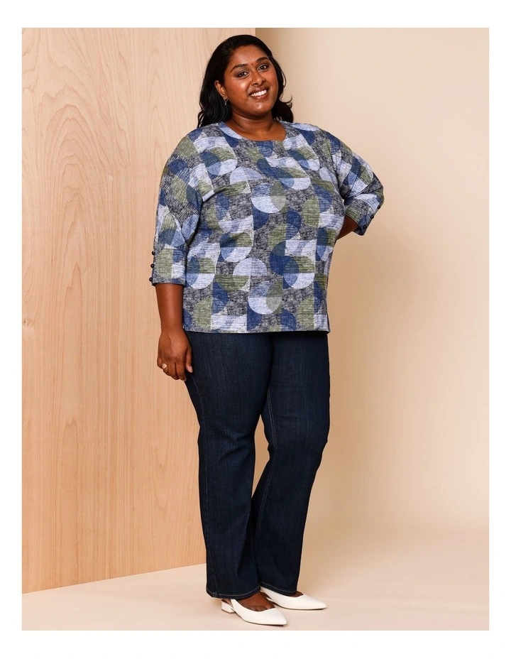 3/4 Button Sleeve Tee in Olive/Navy Textured Spot Print image 2