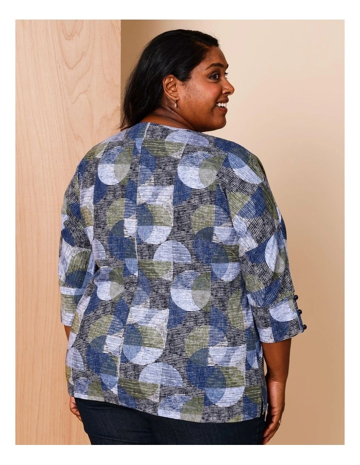 3/4 Button Sleeve Tee in Olive/Navy Textured Spot Print image 6