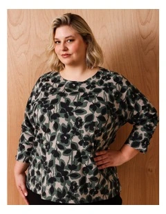 3/4 Button Sleeve Tee in Neutral/Black/Green Abstract Floral