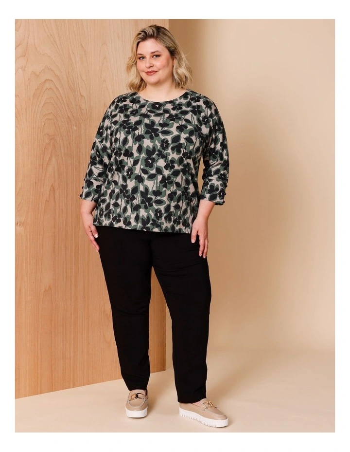 3/4 Button Sleeve Tee in Neutral/Black/Green Abstract Floral image 2