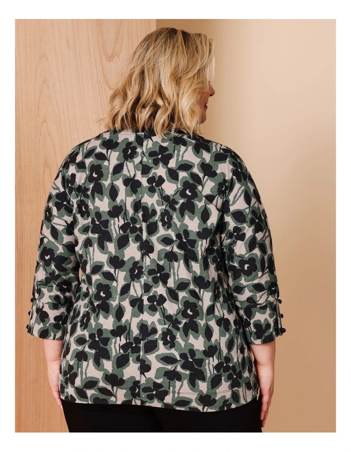 3/4 Button Sleeve Tee in Neutral/Black/Green Abstract Floral image 4