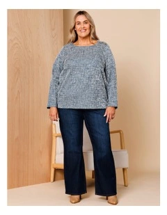 Organic Cotton Blend Button Shoulder Long Sleeve Tee In Teal/Ivory Texture