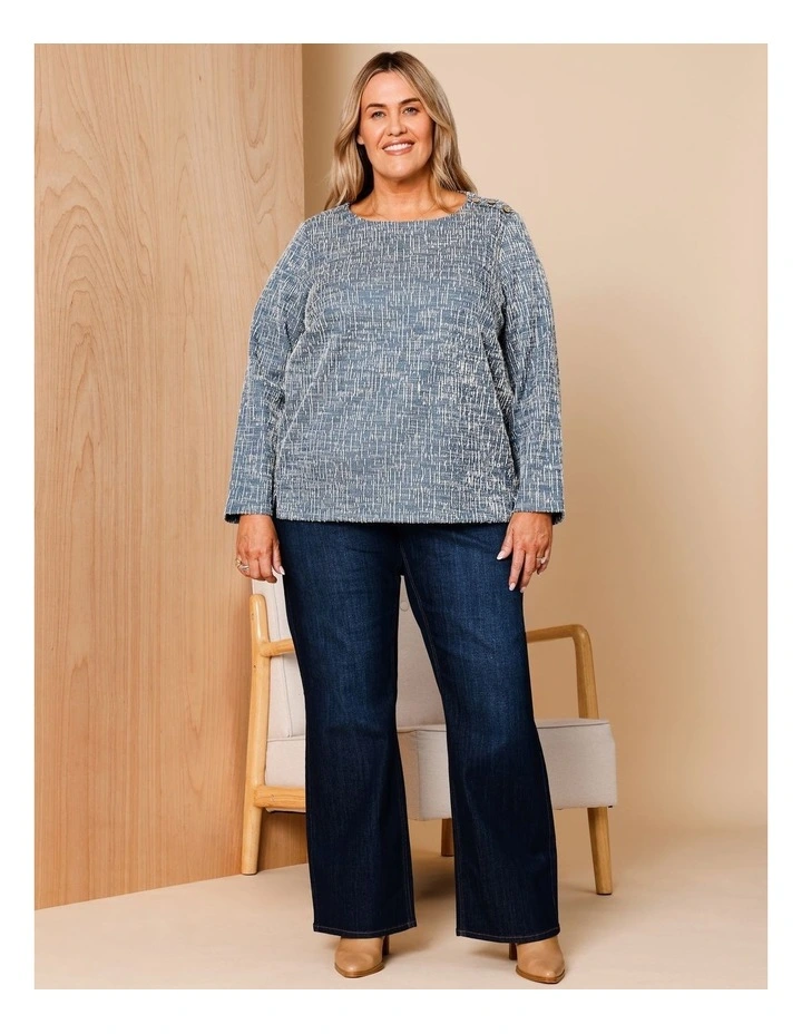Organic Cotton Blend Button Shoulder Long Sleeve Tee In Teal/Ivory Texture image 1