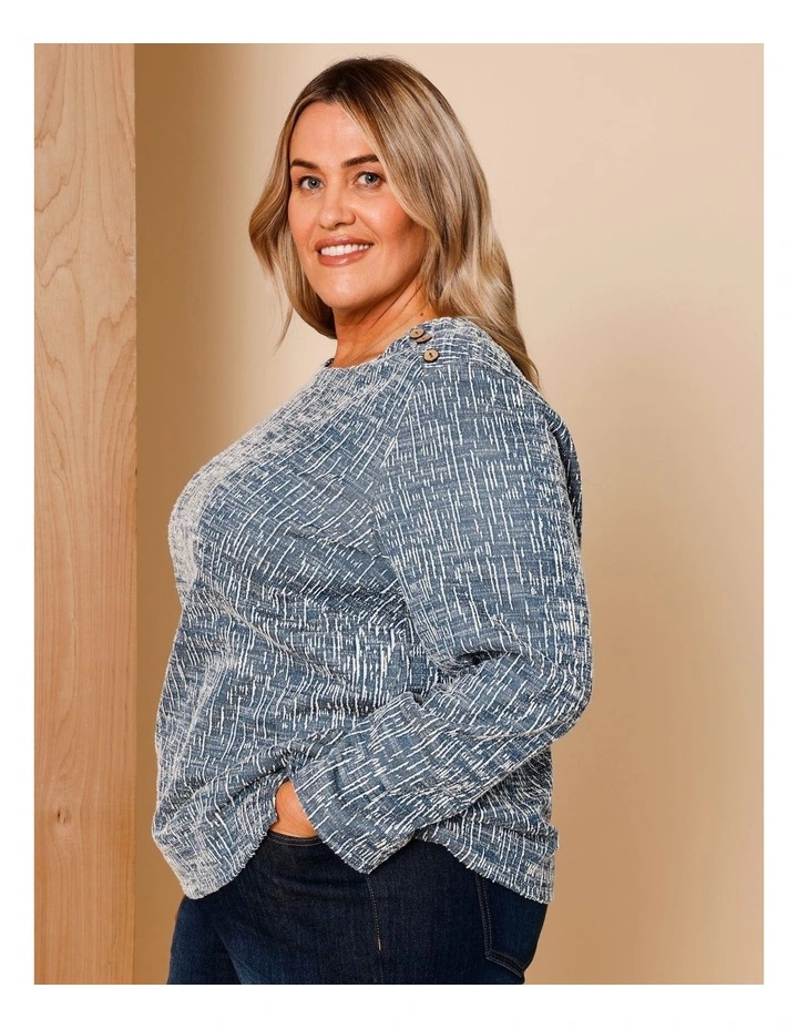 Organic Cotton Blend Button Shoulder Long Sleeve Tee In Teal/Ivory Texture image 2