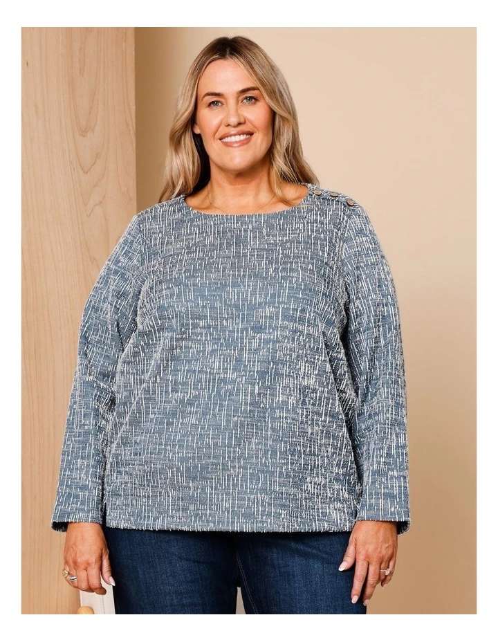 Organic Cotton Blend Button Shoulder Long Sleeve Tee In Teal/Ivory Texture image 3