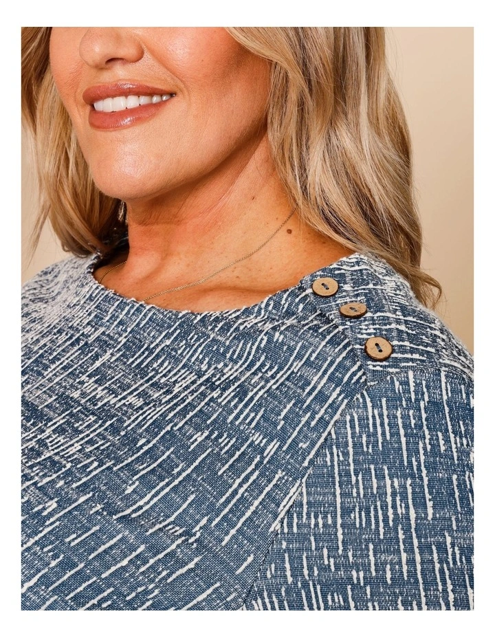Organic Cotton Blend Button Shoulder Long Sleeve Tee In Teal/Ivory Texture image 4