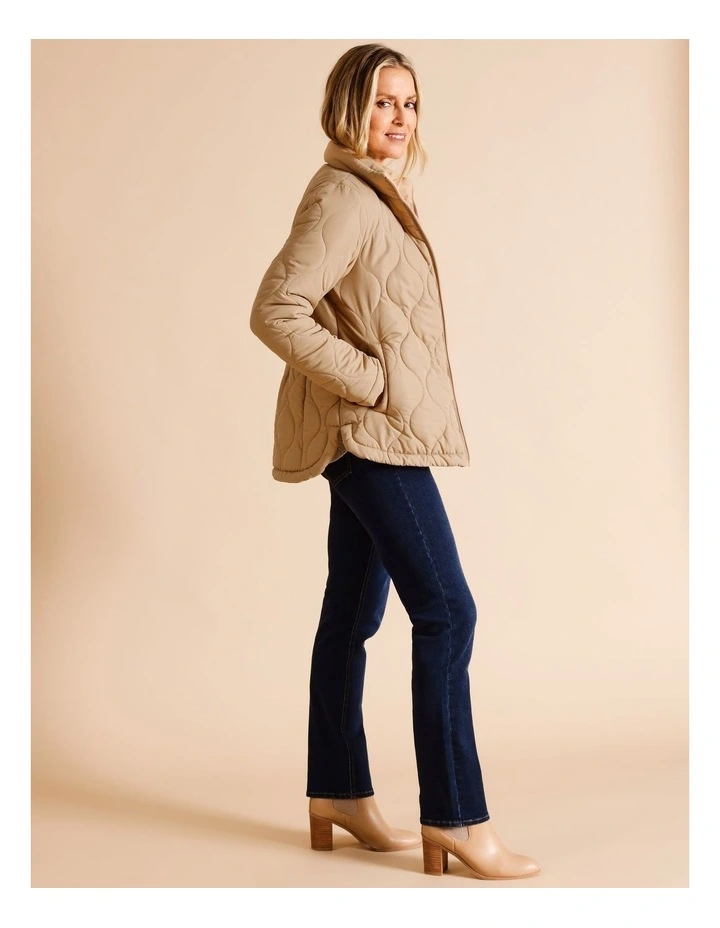 Recycled Polyester Short Quilted Jacket With Packaway Hood In Camel image 1