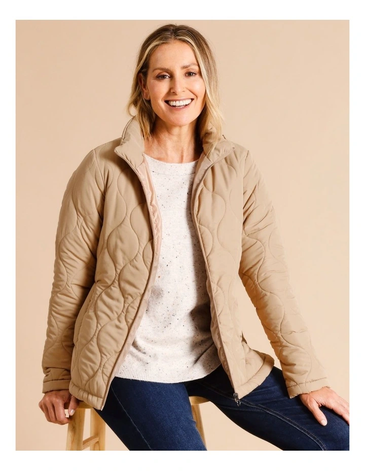 Recycled Polyester Short Quilted Jacket With Packaway Hood In Camel image 2