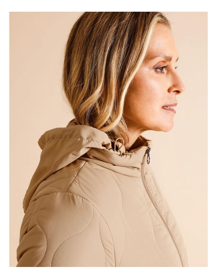 Recycled Polyester Short Quilted Jacket With Packaway Hood In Camel image 3