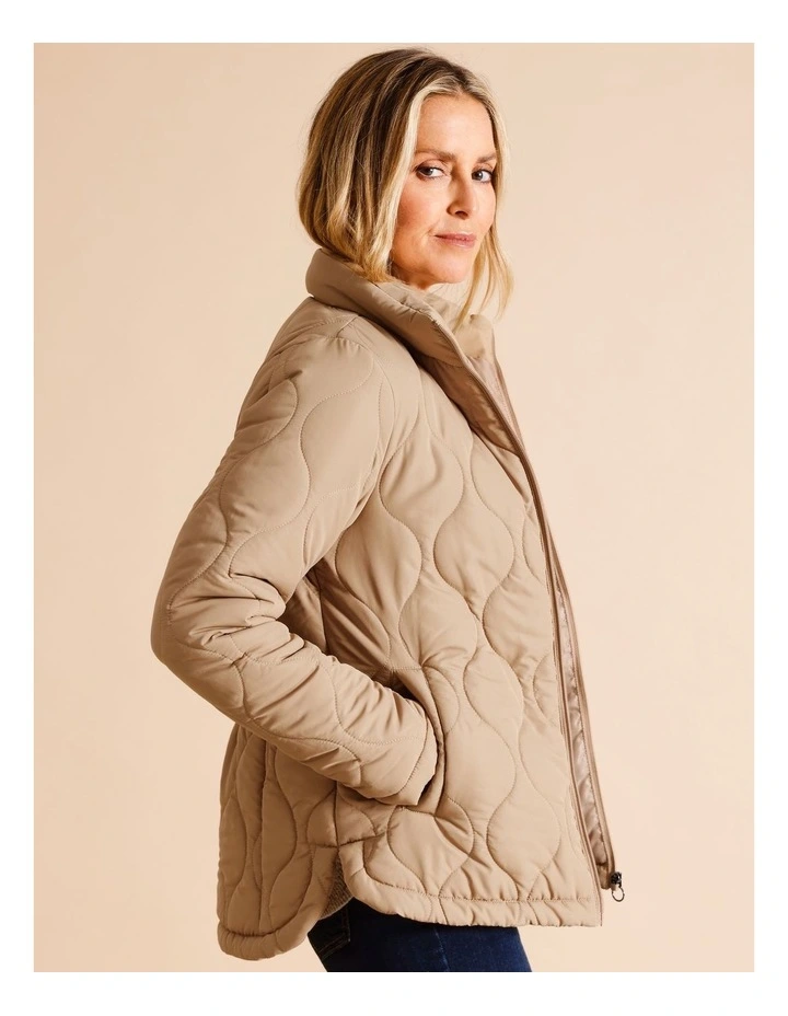 Recycled Polyester Short Quilted Jacket With Packaway Hood In Camel image 4
