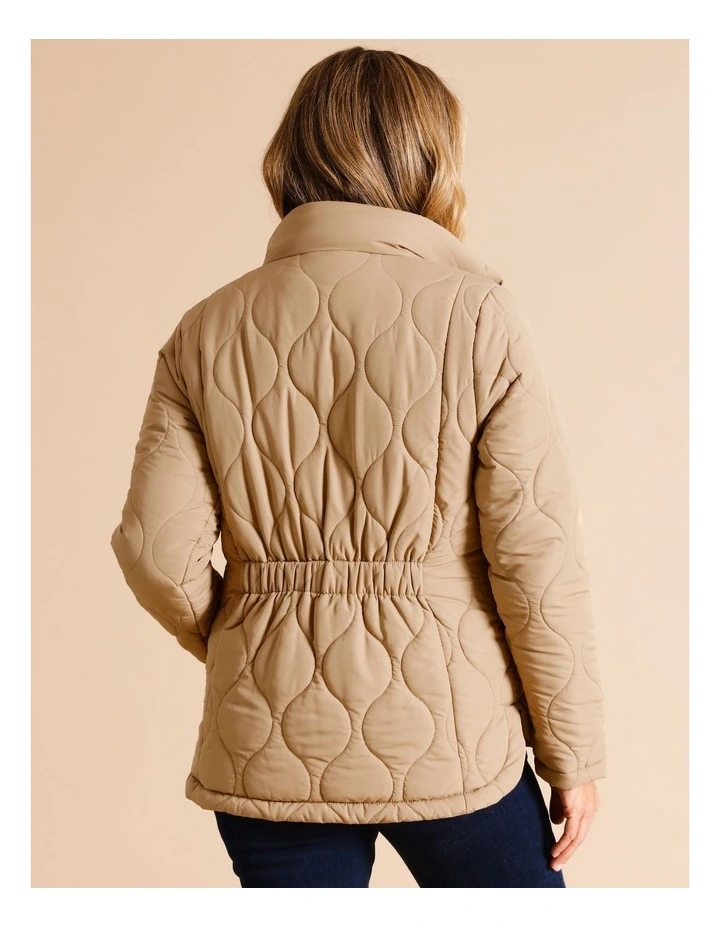 Recycled Polyester Short Quilted Jacket With Packaway Hood In Camel image 5