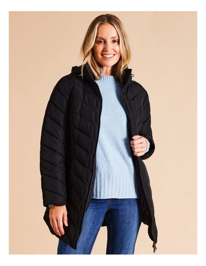 Recycled Polyester Longline Quilted Jacket With Fold Away Hood In Black image 1