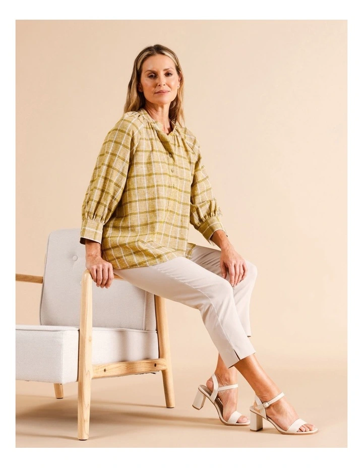 Organic Cotton Blend Stand Collar 3/4 Full Sleeve Top in Olive Check image 1