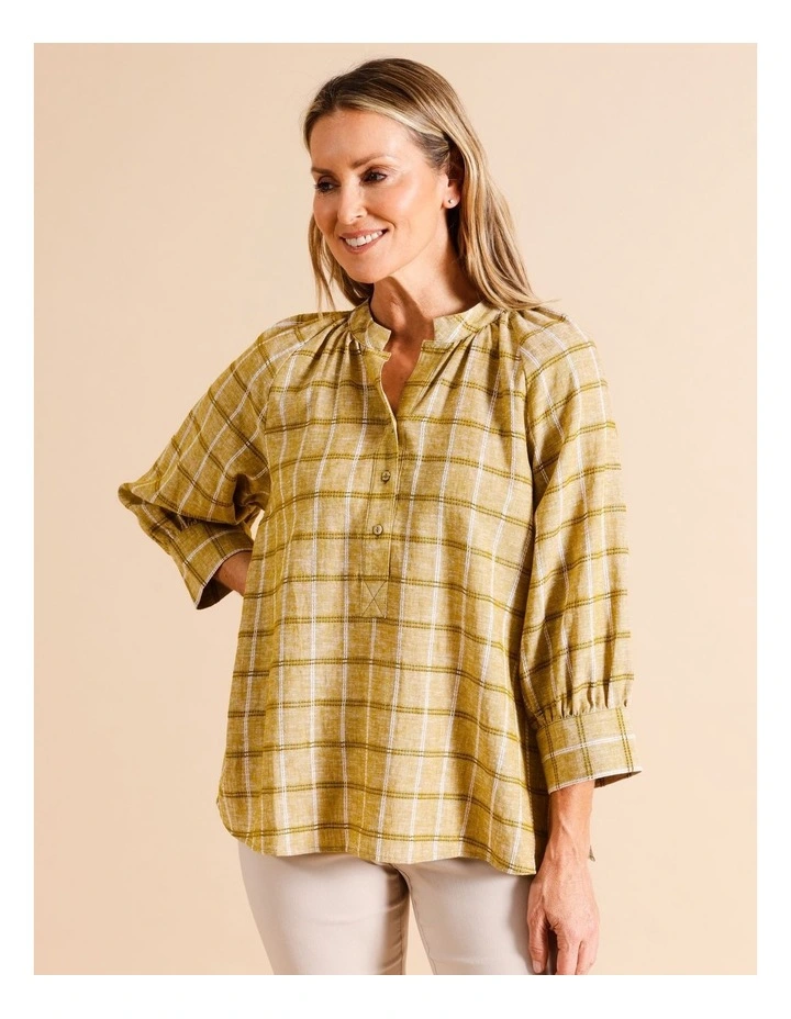 Organic Cotton Blend Stand Collar 3/4 Full Sleeve Top in Olive Check image 2
