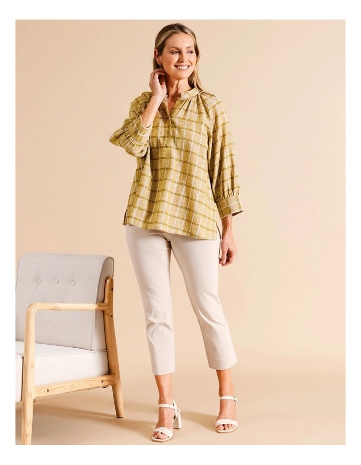 Organic Cotton Blend Stand Collar 3/4 Full Sleeve Top in Olive Check image 3