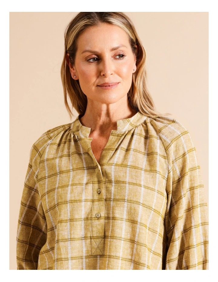 Organic Cotton Blend Stand Collar 3/4 Full Sleeve Top in Olive Check image 4