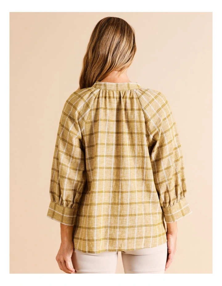 Organic Cotton Blend Stand Collar 3/4 Full Sleeve Top in Olive Check image 5