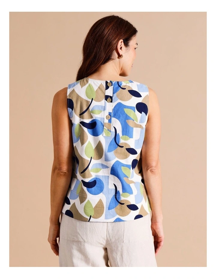 European Linen Blend Sleeveless Shell Top With Deep Hem In Blues/Neutral Abstract On White image 5