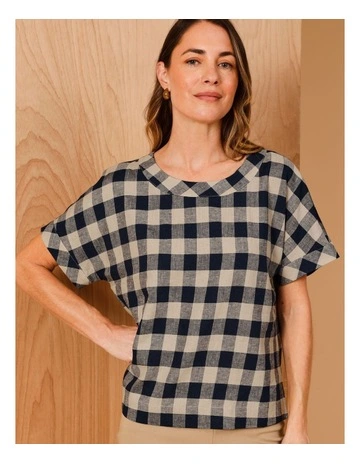 Extended Short Sleeve Gingham Top In Navy/neutral